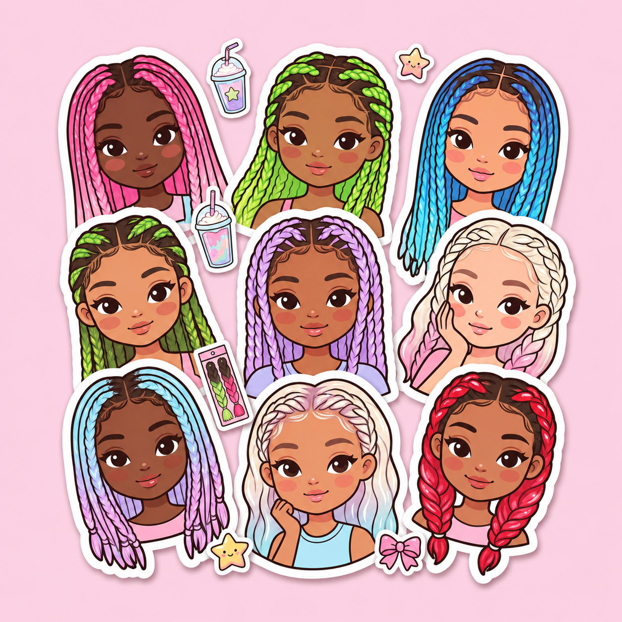Cute sticker collage of girls with colorful braided hair extensions, milkshakes, and hair packs